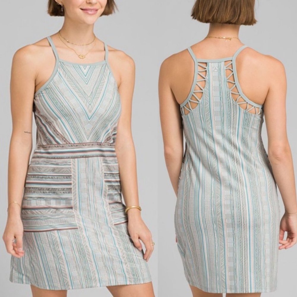 Prana Ardor Dress Green Print Agave Samba Built In Bra Size XS Sweat Wick Travel